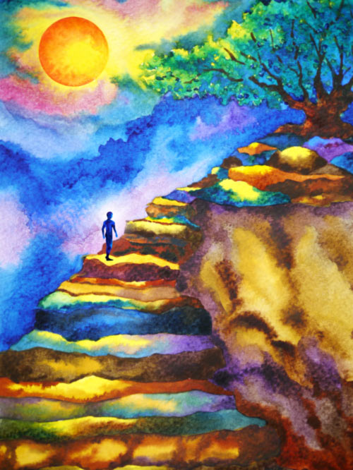 Watercolor painting of a person walking a spiritual path toward healing and enlightenment
