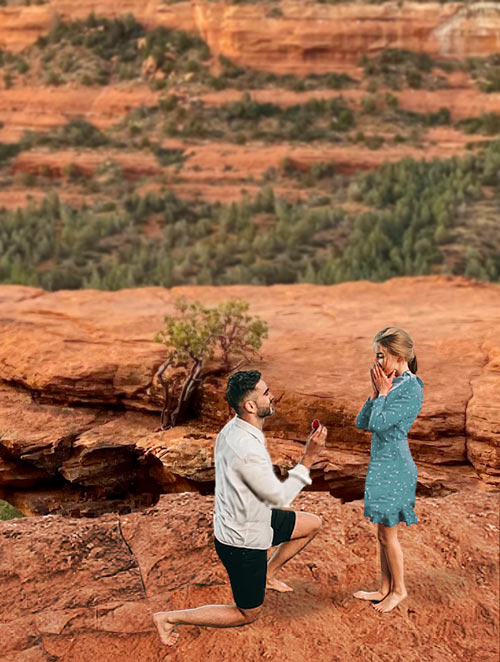 Man proposing to his partner on Sedona red rock formations during a pre-marital retreat