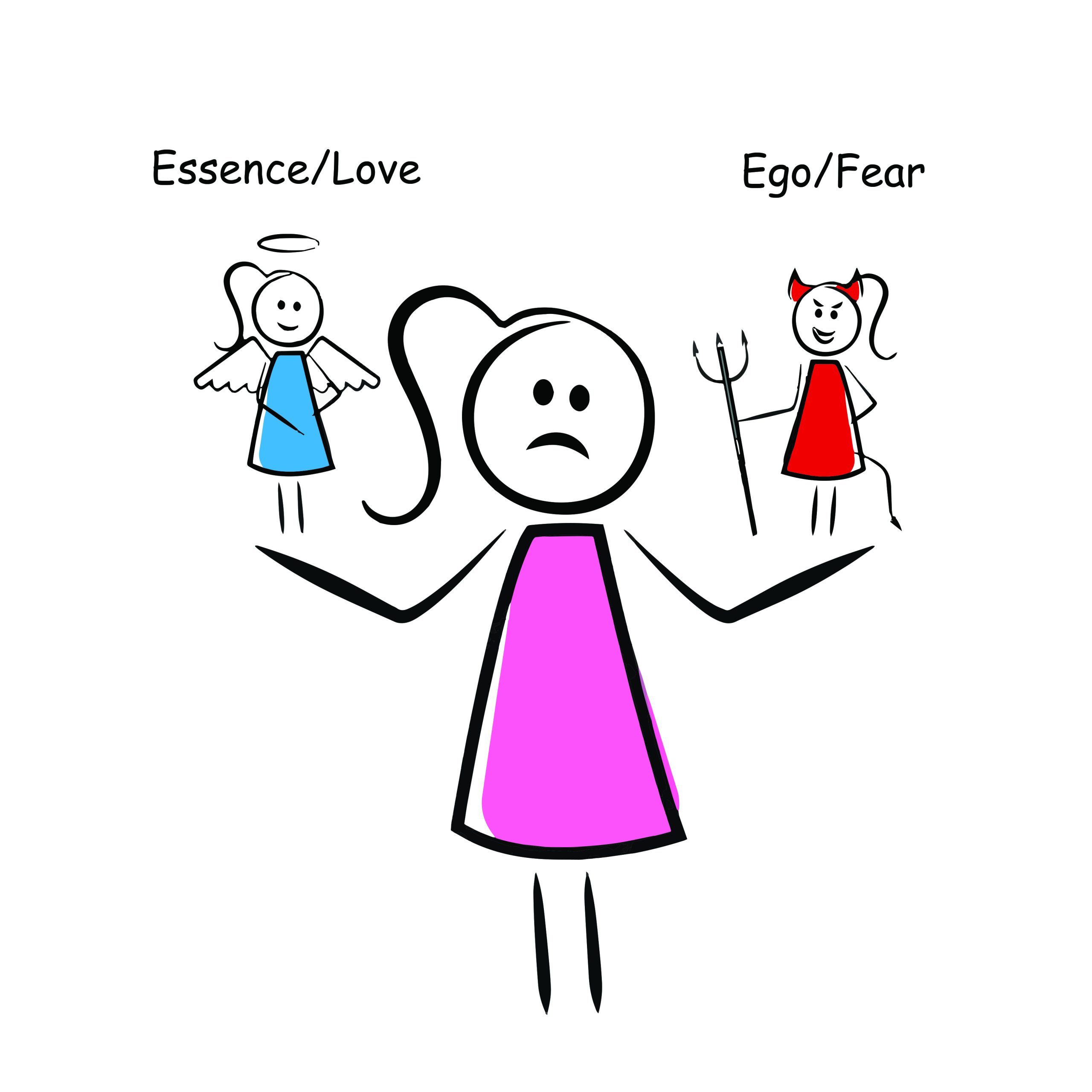 illustration showing the contrast between essence and love versus ego and fear in personal growth and healing
