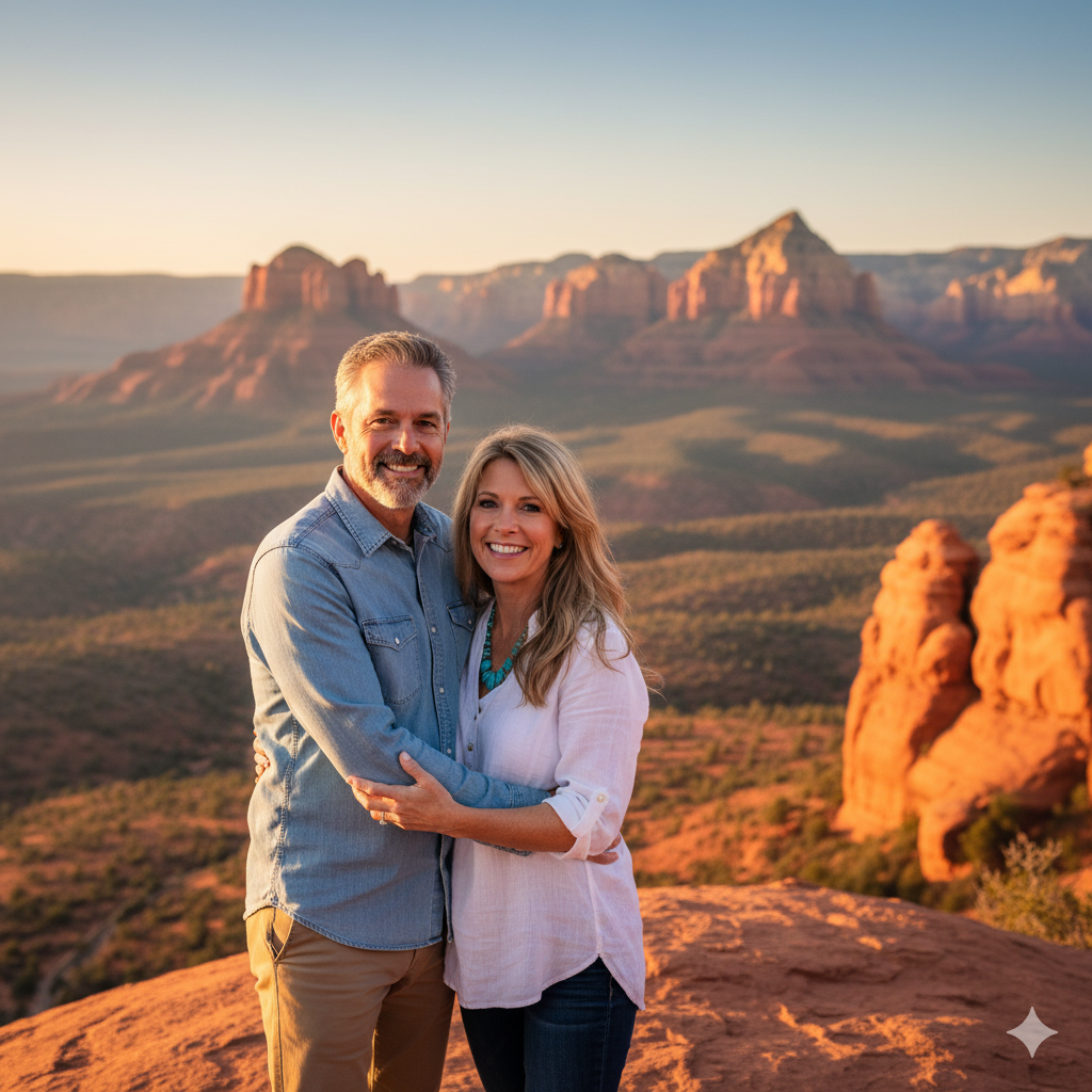 happy couple smiling together in front of Sedona red rocks during couples retreat in Arizona