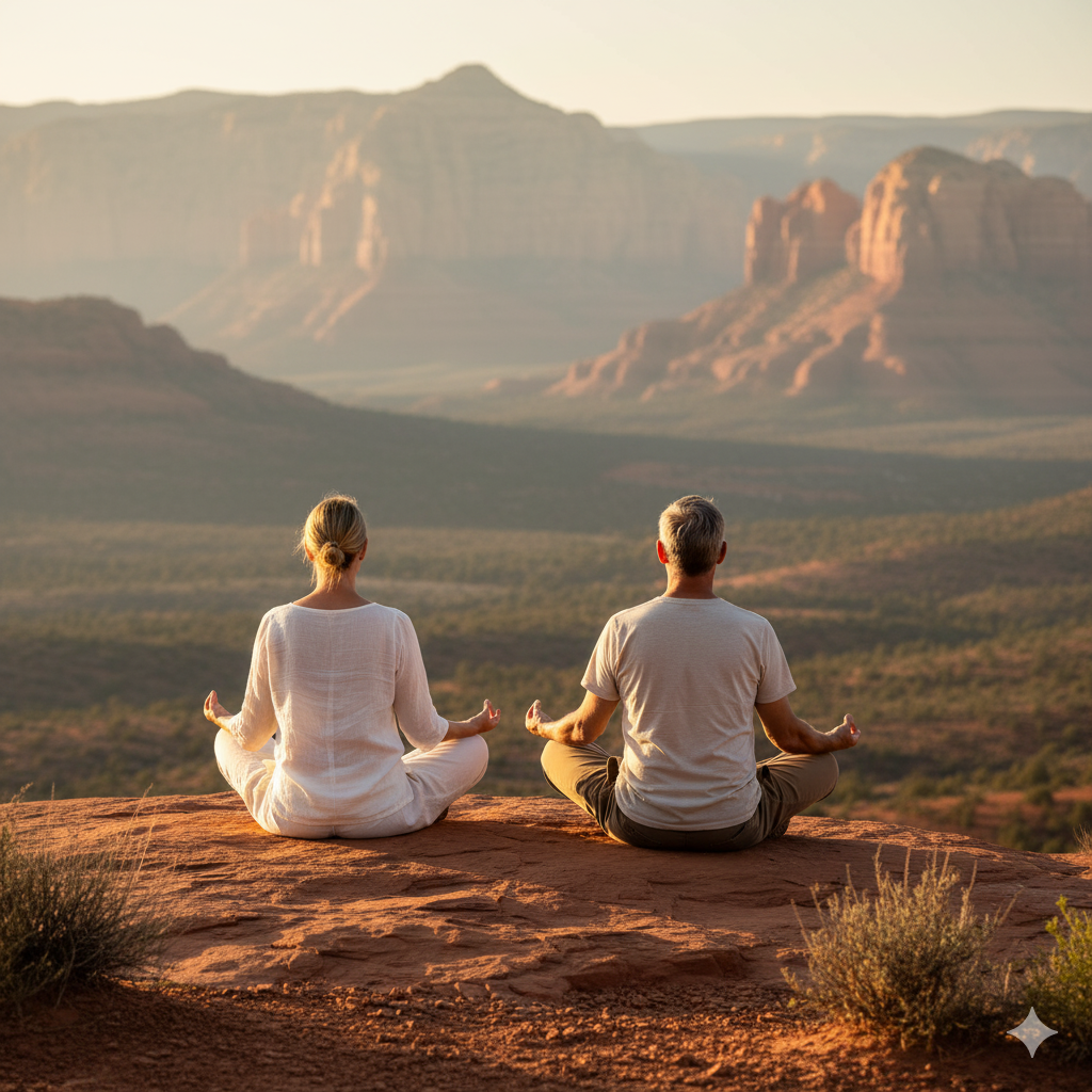 couple meditating together facing Sedona red rocks during couples wellness retreat in Arizona