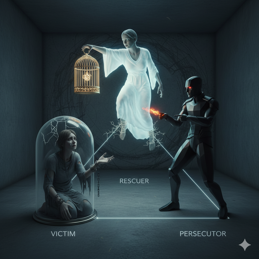 illustration of the drama triangle showing rescuer victim and persecutor roles in relationship healing and awareness
