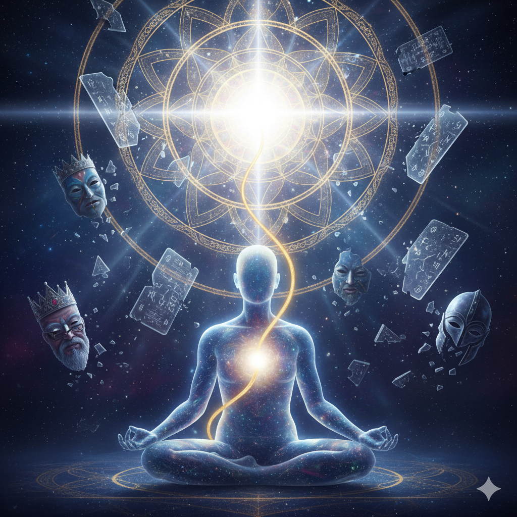glowing human figure surrounded by sacred geometry mandala and masks symbolizing spirituality beyond belief and identity