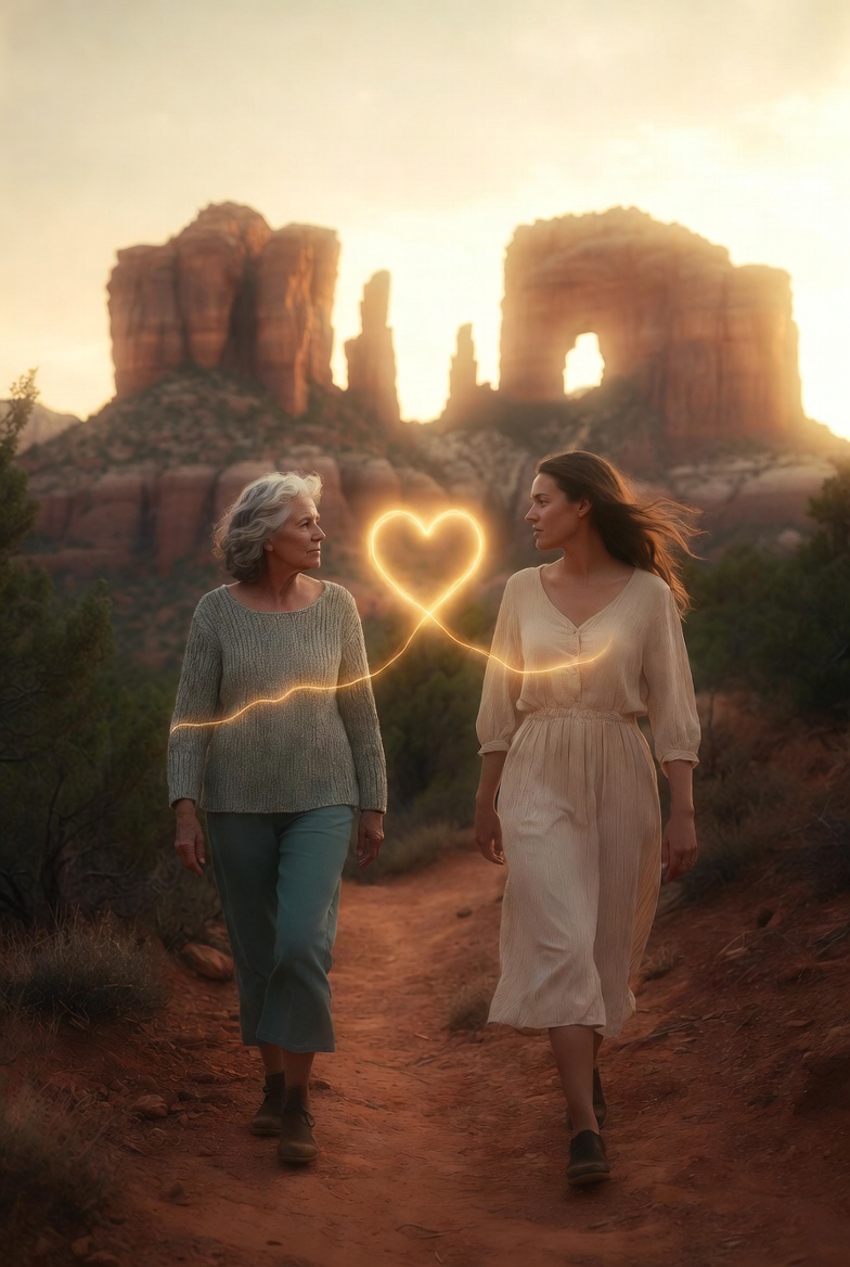 mother and daughter walking together in Sedona Arizona with glowing heart symbolizing healing and connection